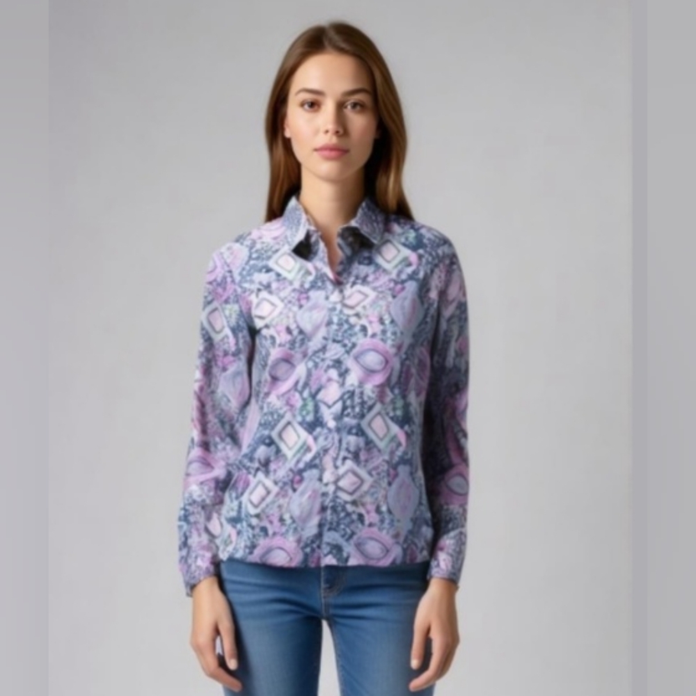 Talbots 100% Cotton Button Down Navy Pink Paisley Shirt Medium Petite NWOT MP